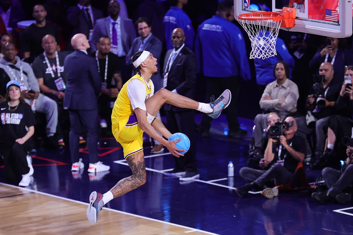 Los Angeles Lakers center Jaxson Hayes (11) participates in the slam dunk contest at NBA All Star Saturday on February 14, 2026 in Inglewood, CA.