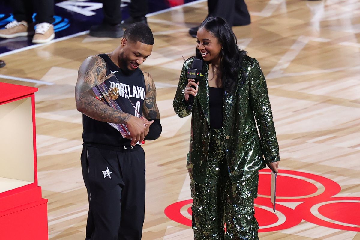 Portland Trailblazers guard Damian Lillard (0) celebrates winning the three point contest at NBA All Star Saturday on February 14, 2026 in Inglewood, CA.