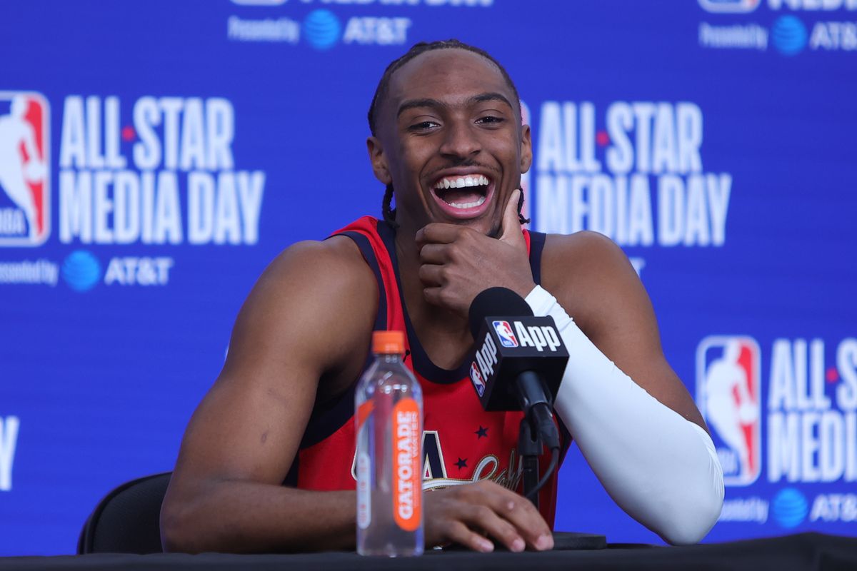 Philadelphia 76ers guard Tyrese Maxey (0) talks to the press during media availability at NBA All Star Media Day on February 14, 2026 in Inglewood, CA.