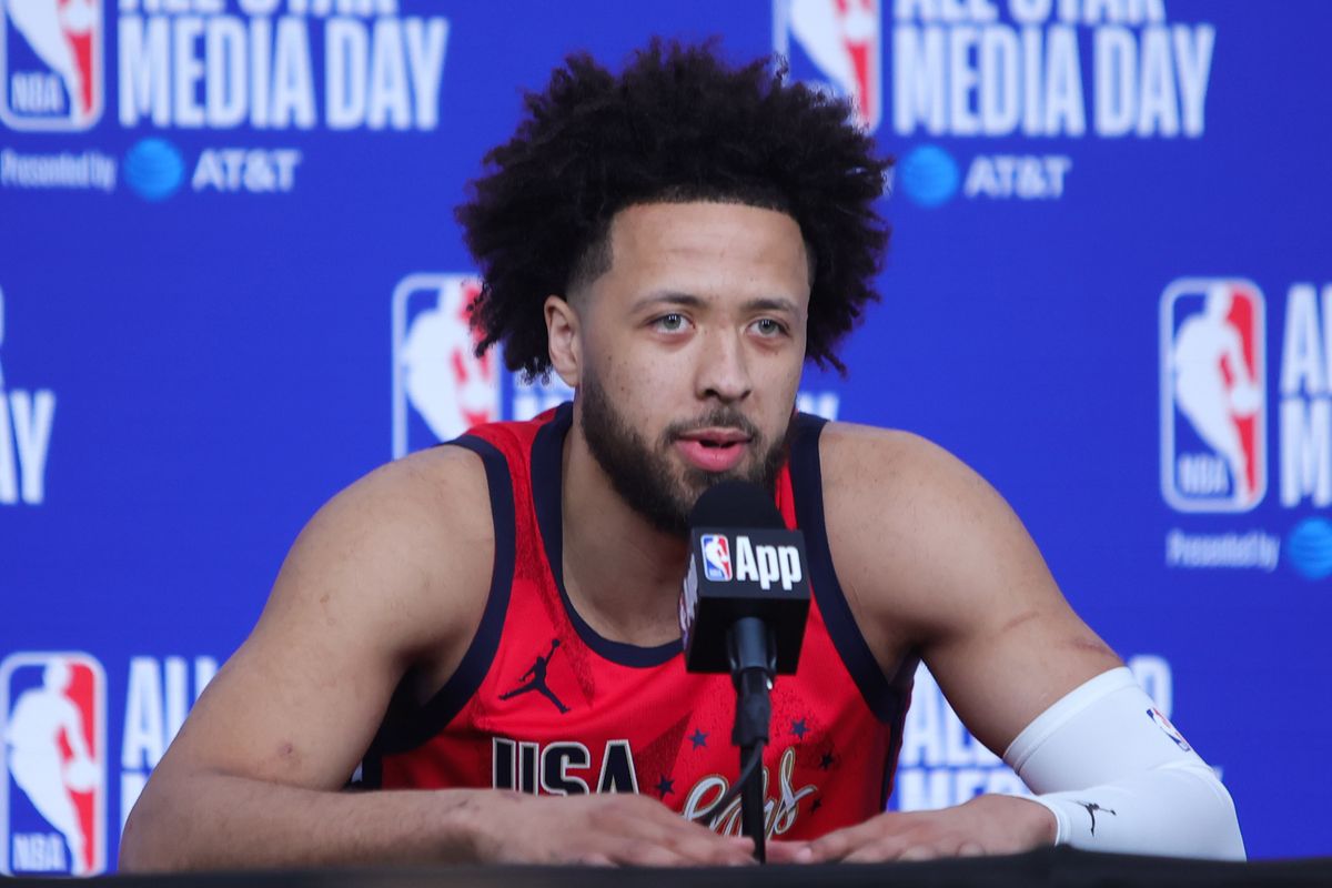 Detroit Pistons guard Cade Cunningham (2) talks to the press during media availability at NBA All Star Media Day on February 14, 2026 in Inglewood, CA.