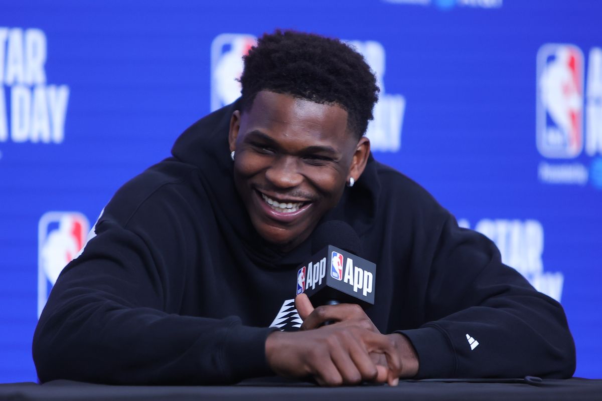 Minnesota Timberwolves Anthony Edwards (5) talks to the press during media availability at NBA All Star Media Day on February 14, 2026 in Inglewood, CA.