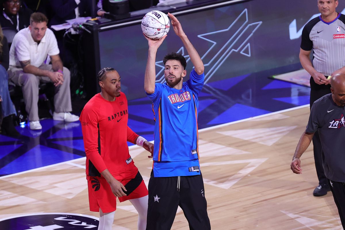 Oklahoma City Thunder forward Chet Holmgren (7) participates in the Shooting Stars contest at NBA All Star Saturday on February 14, 2026 in Inglewood, CA.