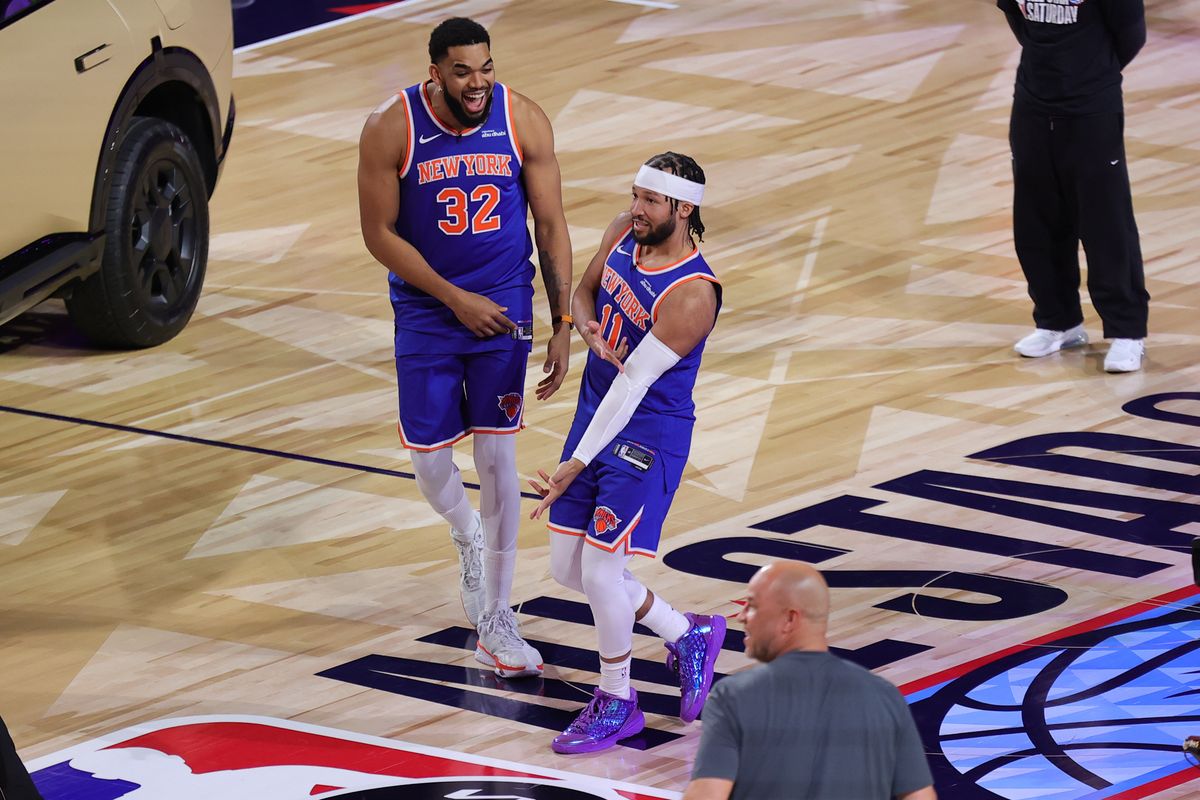 New York Knicks center Karl Anthony-Towns (32) and guard Jaylen Brunson celebrate winning the Shooting Stars contest at NBA All Star Saturday on February 14, 2026 in Inglewood, CA.
