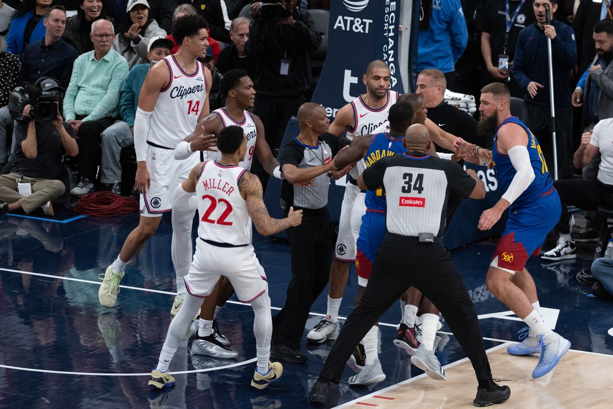 Tempers flare during a game between the Los Angeles Clippers and the Denver Nuggets on Thursday, February 19,2026 at Intuit Dome in Inglewood Calif