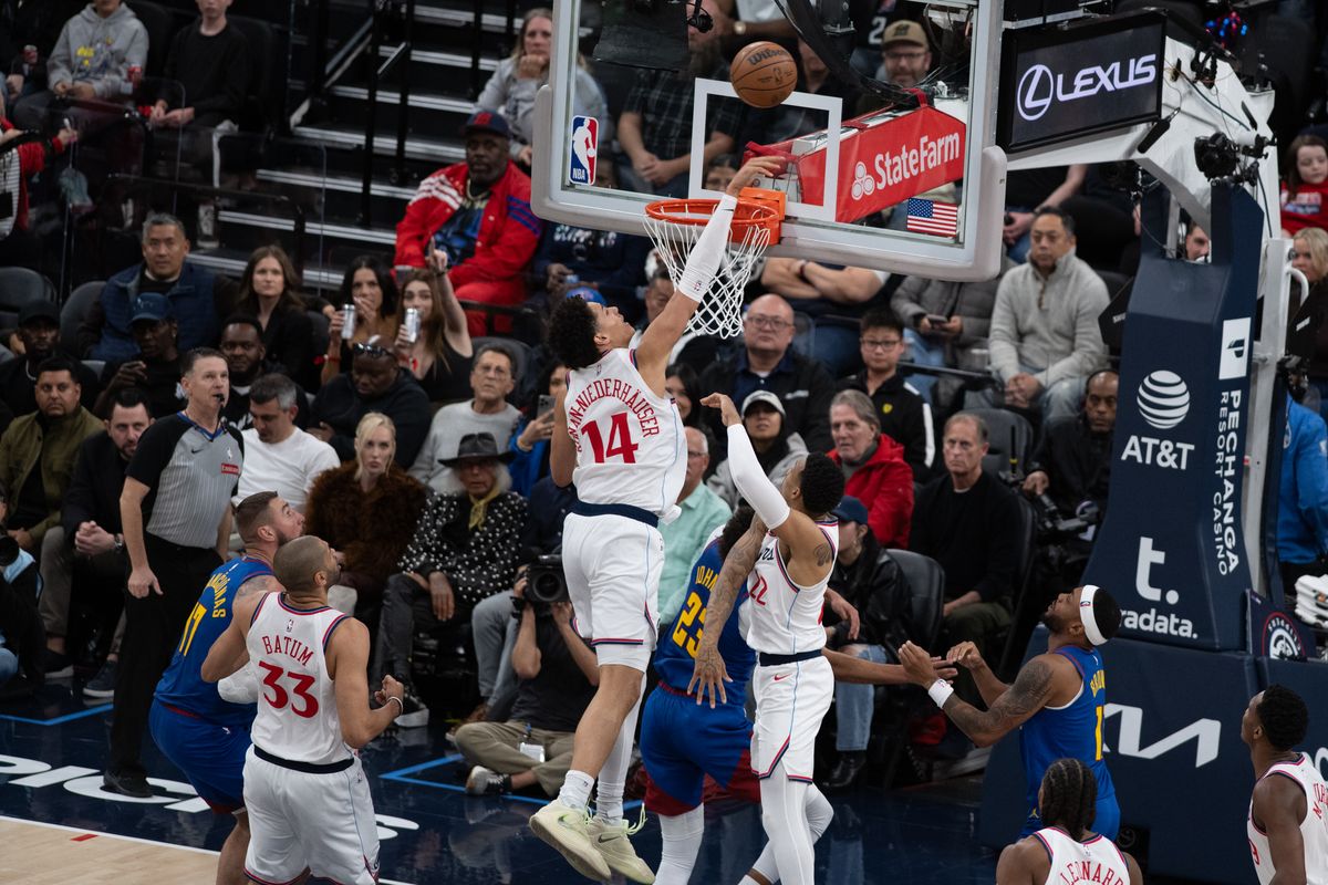 Los Angeles Clippers center Yanic Konan Niederhäuser (11) blocks a shot during a game between the Los Angeles Clippers and the Denver Nuggets on Thursday, February 19,2026 at Intuit Dome in Inglewood Calif