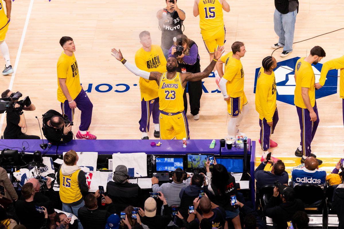 LeBron James #23 of the Los Angeles Lakers tosses chalk in the air before an NBA basketball game against the LA Clippers, Friday February 20, 2026 in Los Angeles, Calif.