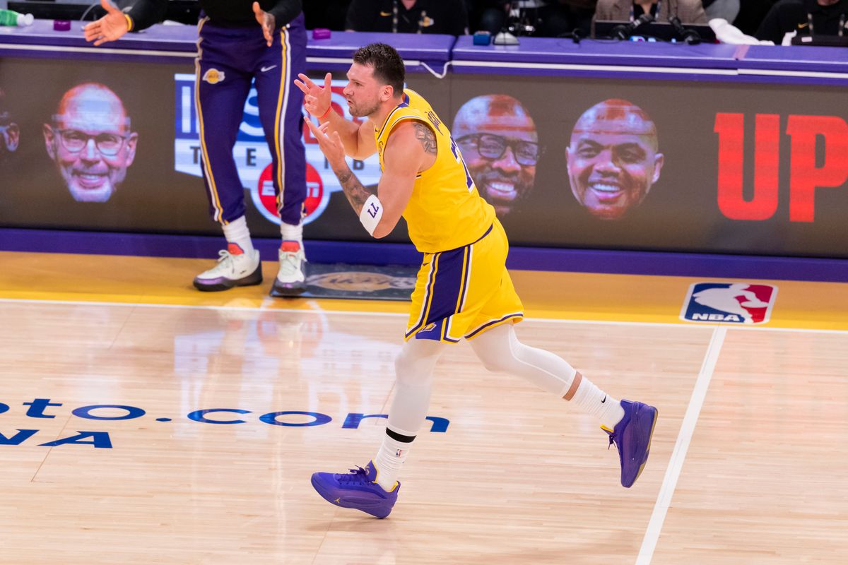 Luka Doncic #77 of the Los Angeles Lakers celebrates during an NBA basketball game against the LA Clippers, Friday February 20, 2026 in Los Angeles, Calif.