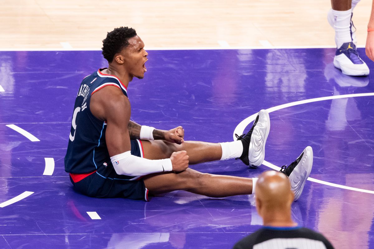 Bennedict Mathurin #9 of the LA Clippers celebrates during an NBA basketball game against the Los Angeles Lakers, Friday February 20, 2026 in Los Angeles, Calif.