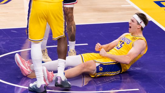 Austin Reaves #15 of the Los Angeles Lakers celebrates during an NBA basketball game against the LA Clippers, Friday February 20, 2026 in Los Angeles, Calif.