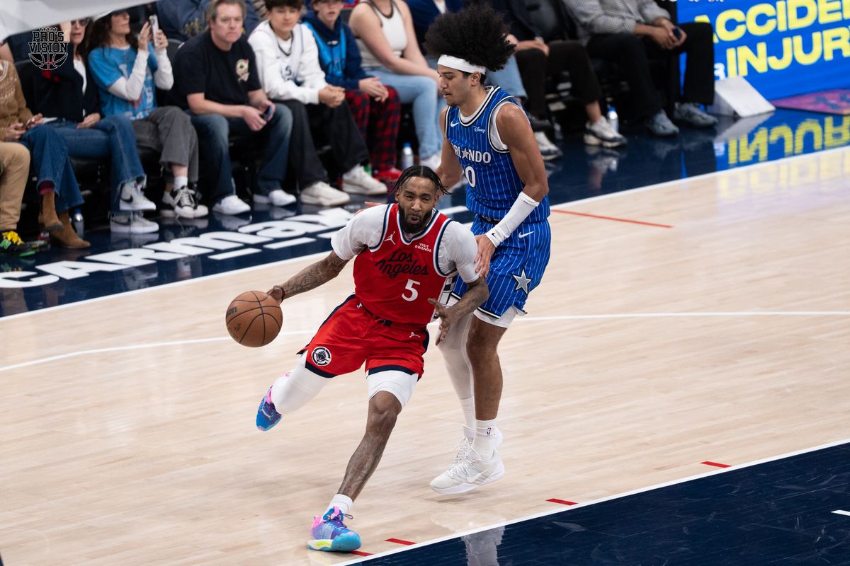 Los Angeles Clippers Forward Derrick Jones Jr. (5) drives past his defender on his way to score during a NBA game against the Orlando Magic on Sunday, February 22, 2026 at Intuit Dome in Inglewood Calif