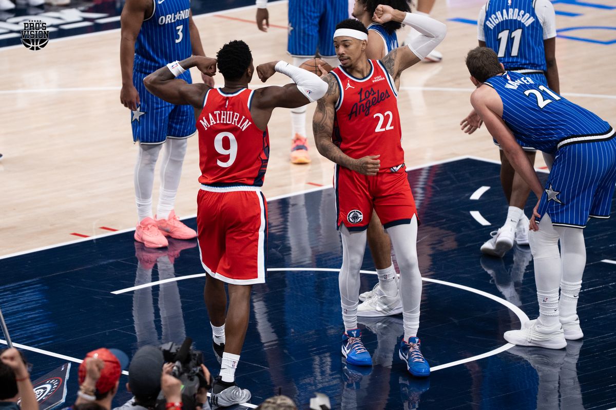 Los Angeles Clippers Guard Benedict Mathurin (9) flexes after scoring a layup while getting fouled during a NBA game against the Orlando Magic on Sunday, February 22, 2026 at Intuit Dome in Inglewood Calif