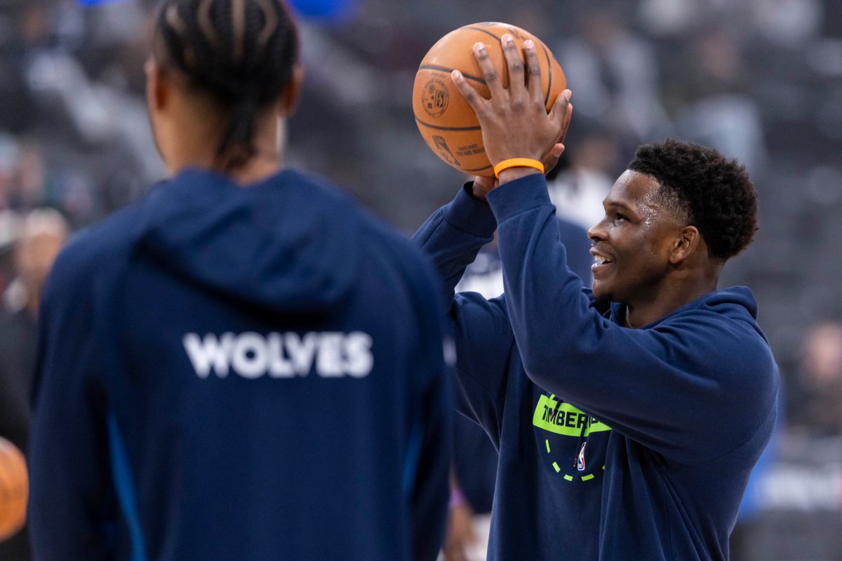 Anthony Edwards #5 of the Minnesota Timberwolves warms up before an NBA basketball game against the LA Clippers, Thursday February 26, 2026 in Inglewood, Calif.