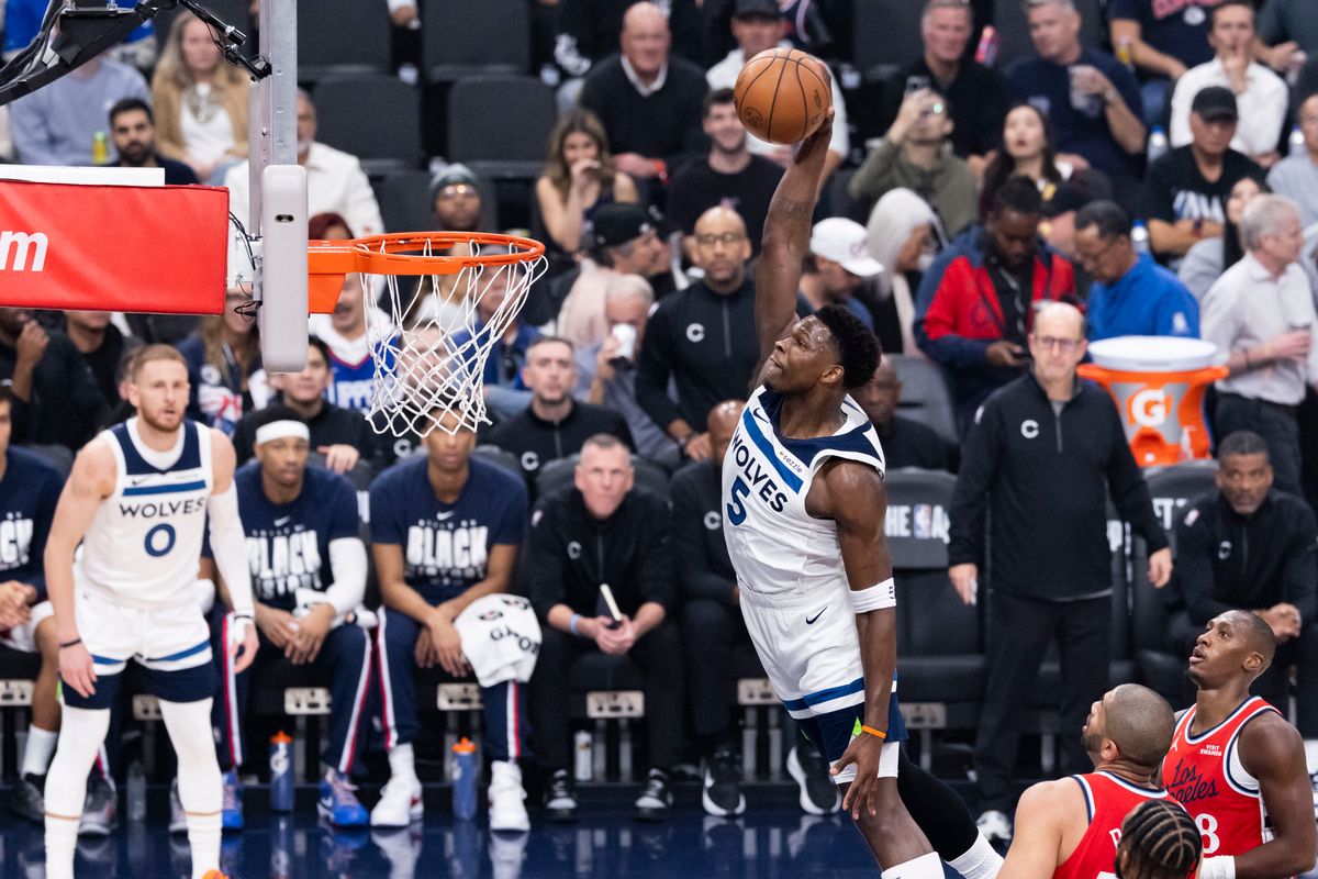 Anthony Edwards #5 of the Minnesota Timberwolves takes off for a dunk during an NBA basketball game against the LA Clippers, Thursday February 26, 2026 in Inglewood, Calif.
