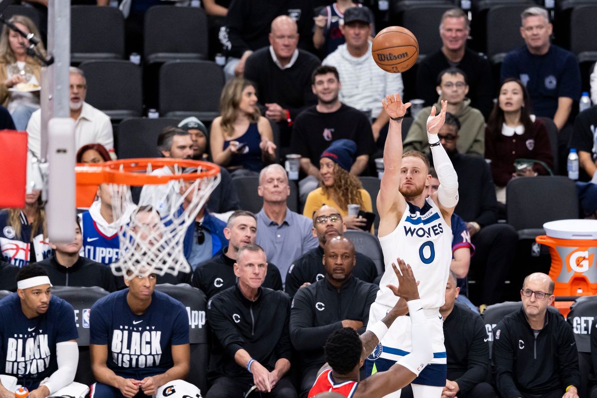 Donte DiVincenzo #0 of the Minnesota Timberwolves shoots the ball during an NBA basketball game against the LA Clippers, Thursday February 26, 2026 in Inglewood, Calif.