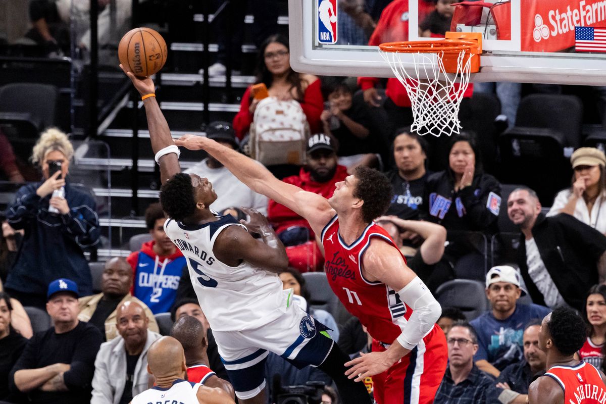 Anthony Edwards #5 of the Minnesota Timberwolves attempts a shot during an NBA basketball game against the LA Clippers, Thursday February 26, 2026 in Inglewood, Calif.