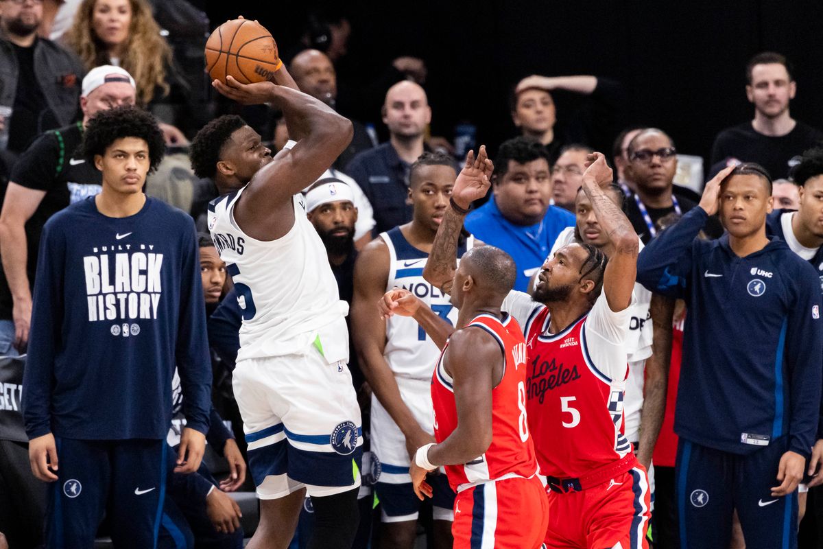 Anthony Edwards #5 of the Minnesota Timberwolves shoots the ball during an NBA basketball game against the LA Clippers, Thursday February 26, 2026 in Inglewood, Calif.