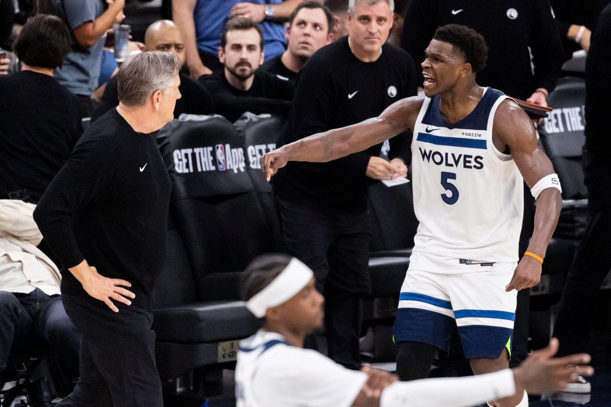Anthony Edwards #5 of the Minnesota Timberwolves shares his thoughts with his head coach Chris Finch during an NBA basketball game against the LA Clippers, Thursday February 26, 2026 in Inglewood, Calif.