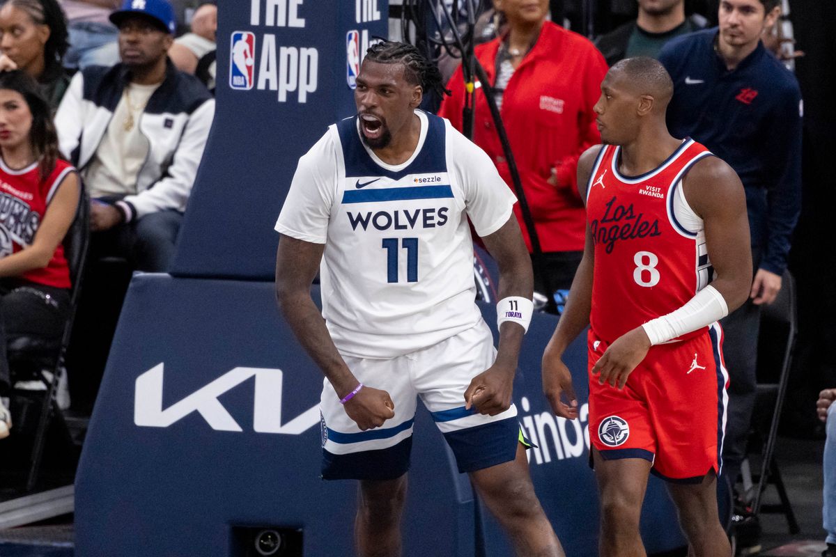Naz Reid #11 of the Minnesota Timberwolves celebrates during an NBA basketball game against the LA Clippers, Thursday February 26, 2026 in Inglewood, Calif.