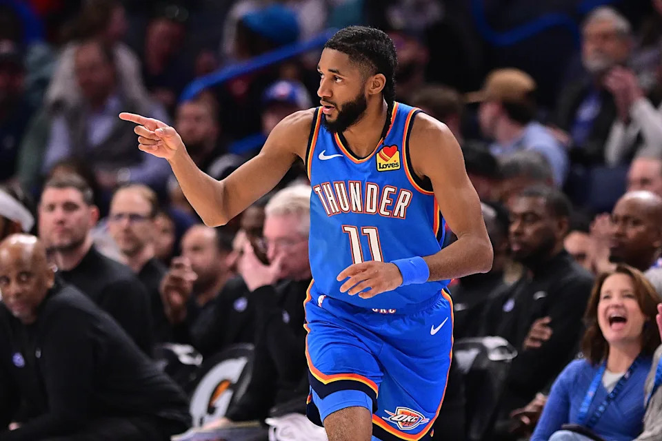 OKLAHOMA CITY, OKLAHOMA - FEBRUARY 3: Isaiah Joe #11 of the Oklahoma City Thunder reacts after a made basket during the second half against the Orlando Magic at Paycom Center on February 3, 2026 in Oklahoma City, Oklahoma. NOTE TO USER: User expressly acknowledges and agrees that, by downloading and or using this photograph, User is consenting to the terms and conditions of the Getty Images License Agreement. (Photo by Joshua Gateley/Getty Images)