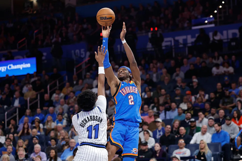 Feb 3, 2026; Oklahoma City, Oklahoma, USA; Oklahoma City Thunder guard Shai Gilgeous-Alexander (2) shoots over Orlando Magic guard Jase Richardson (11) during the second half at Paycom Center. Mandatory Credit: Alonzo Adams-Imagn Images