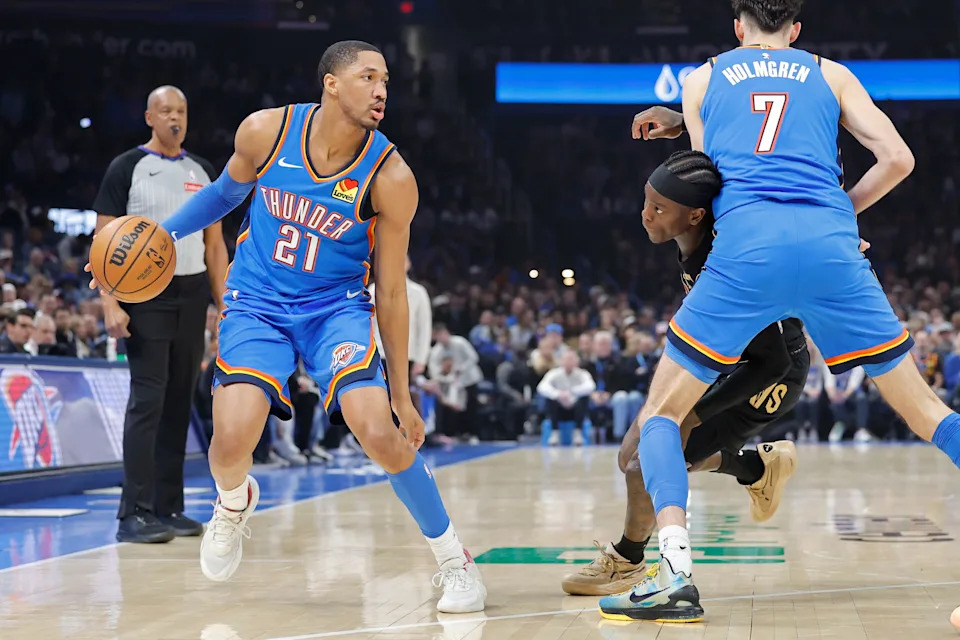 Feb 22, 2026; Oklahoma City, Oklahoma, USA; Oklahoma City Thunder guard Aaron Wiggins (21) moves the ball down the court against the Cleveland Cavaliers during the first quarter at Paycom Center. Mandatory Credit: Alonzo Adams-Imagn Images