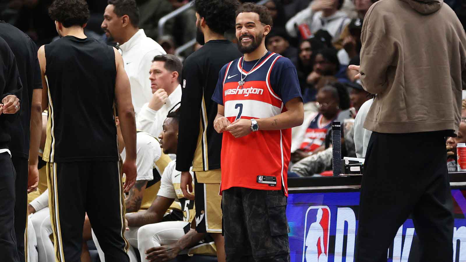 Washington Wizards guard Trae Young (3) looks on during the second half against the Milwaukee Bucks at Capital One Arena. Mandatory Credit: Daniel Kucin Jr.-Imagn Images