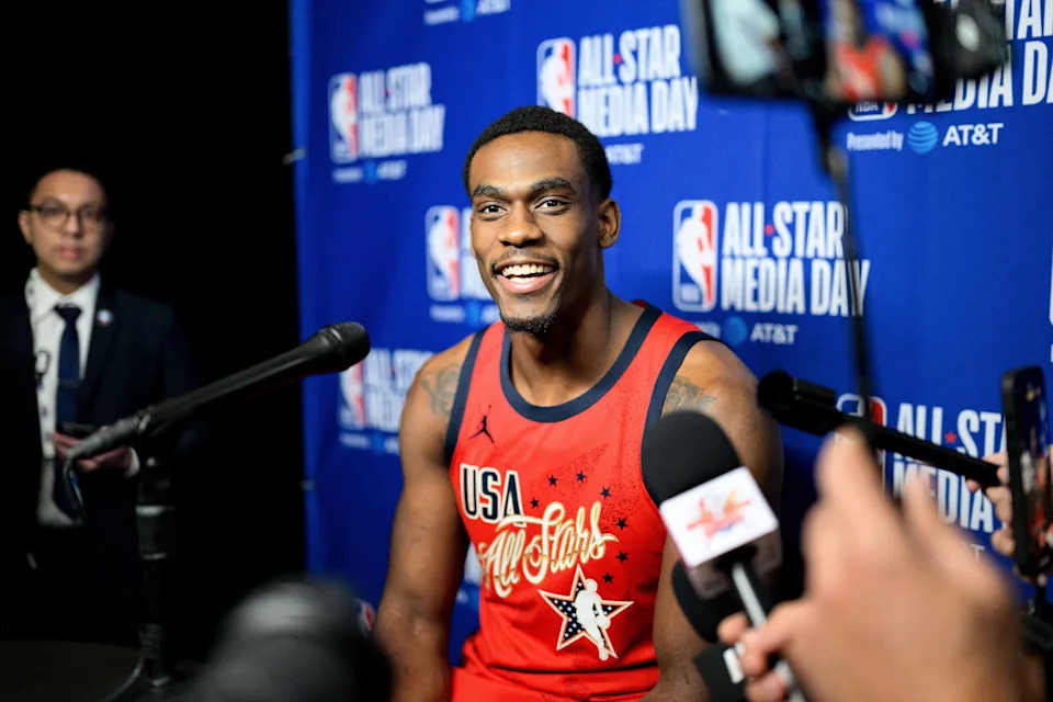 Feb 14, 2026; Inglewood, California, USA; Jalen Duren speaks during interviews at media day at Intuit Dome. Mandatory Credit: William Liang-Imagn Images