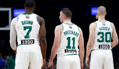 Jaylen Brown, Payton Pritchard, and Sam Hauser represent three-fifths of a starting lineup that has helped the surprising Celtics move up into second place in the East.