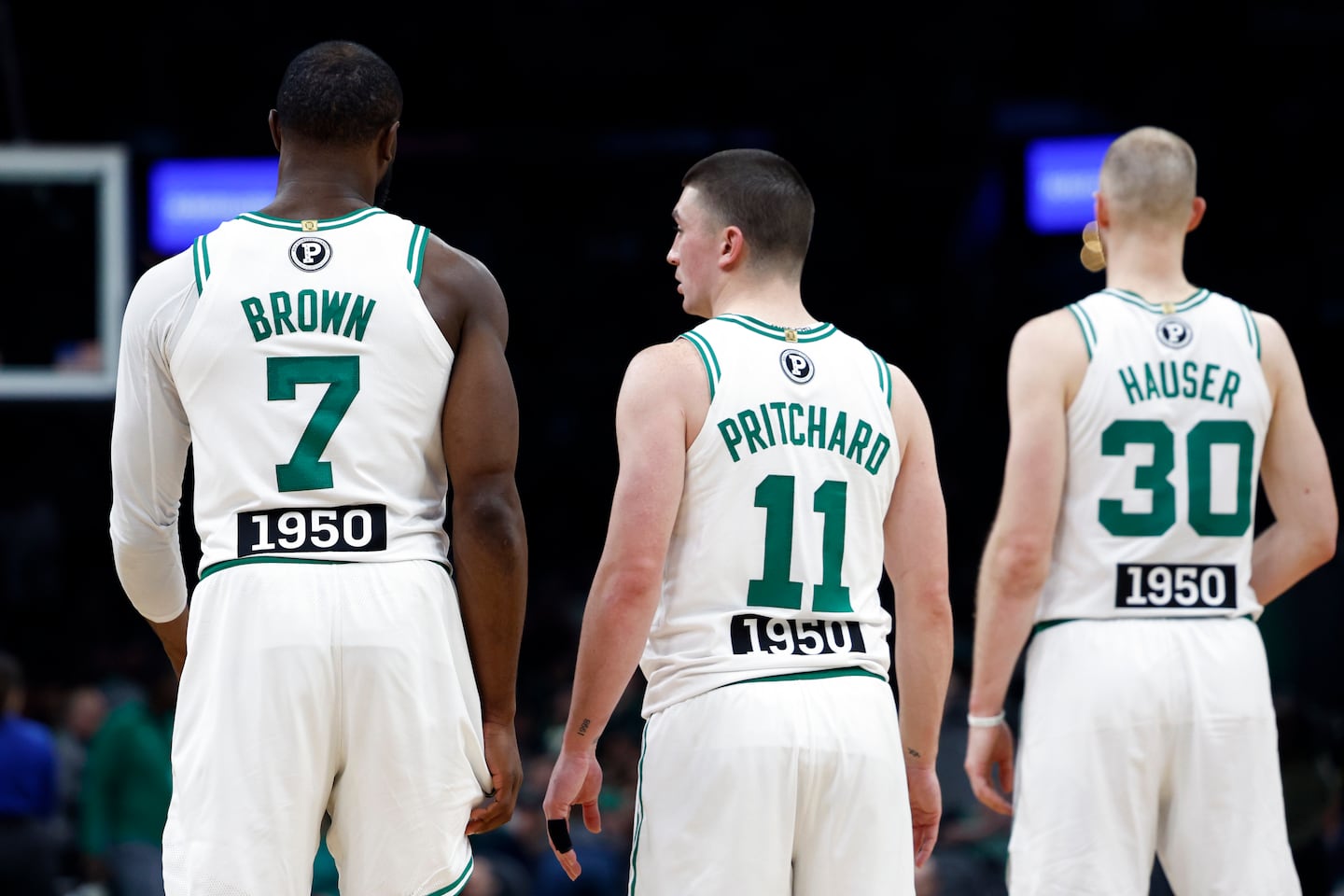Jaylen Brown, Payton Pritchard, and Sam Hauser represent three-fifths of a starting lineup that has helped the surprising Celtics move up into second place in the East.
