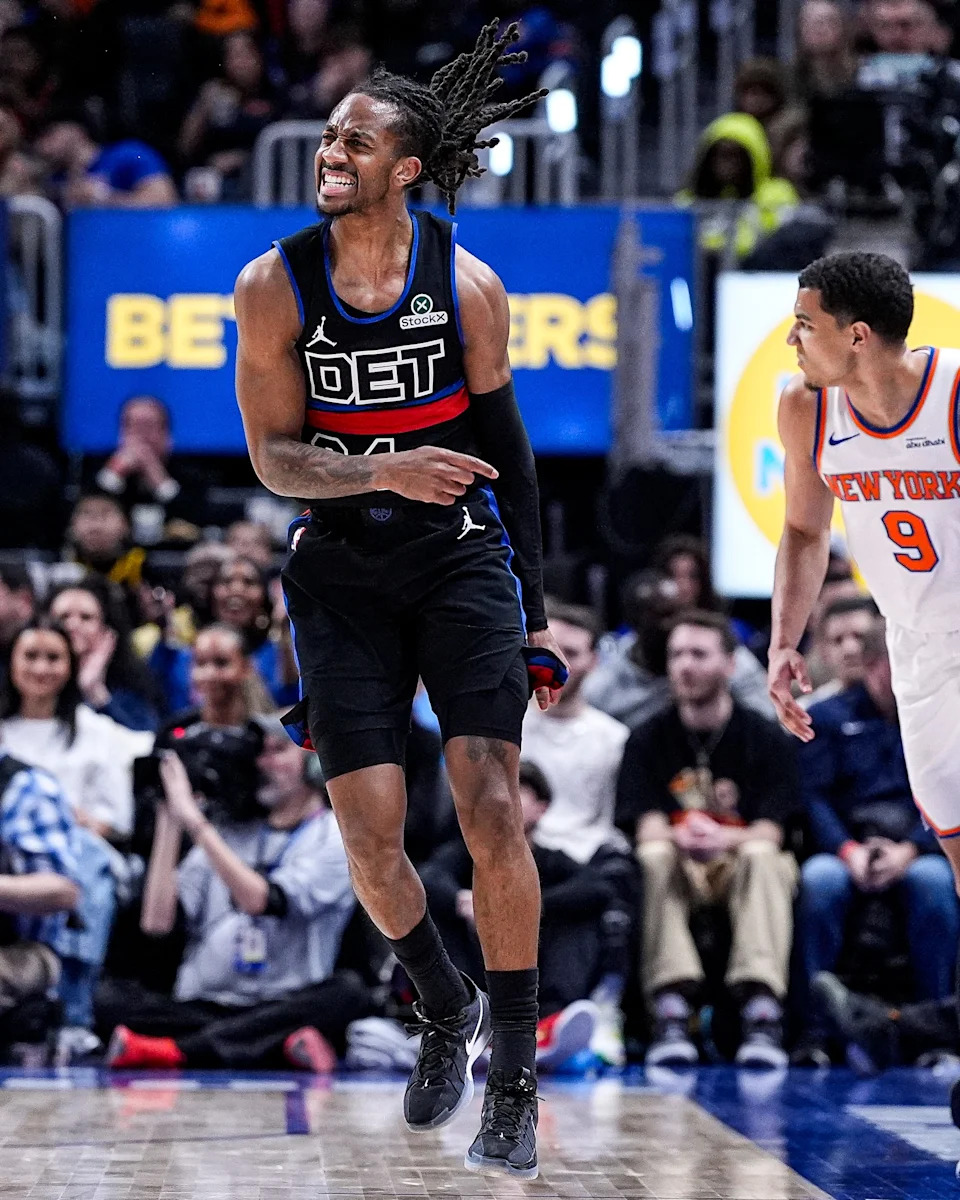 Detroit Pistons guard Daniss Jenkins celebrates a 3-pointer against the New York Knicks during the second half at Little Caesars Arena in Detroit on Friday, February 6, 2026.
