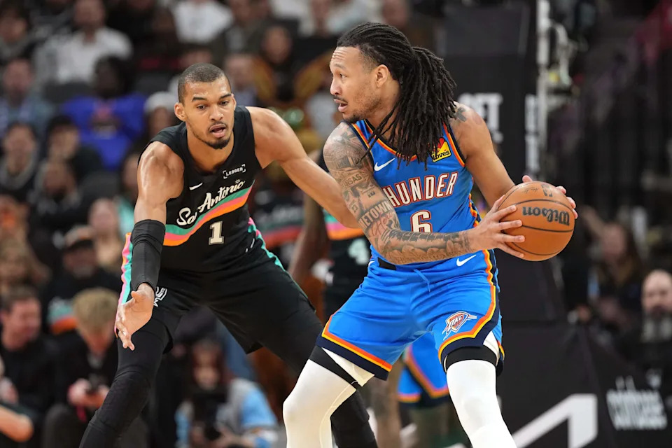 Feb 4, 2026; San Antonio, Texas, USA; San Antonio Spurs forward Victor Wembanyama (1) defends against Oklahoma City Thunder forward Jaylin Williams (6) during the first half at Frost Bank Center. Mandatory Credit: Scott Wachter-Imagn Images