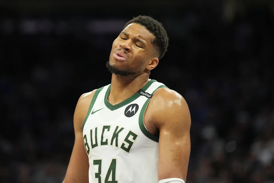 Milwaukee Bucks forward Giannis Antetokounmpo (34) reacts during a game.© Darren Yamashita-Imagn Images