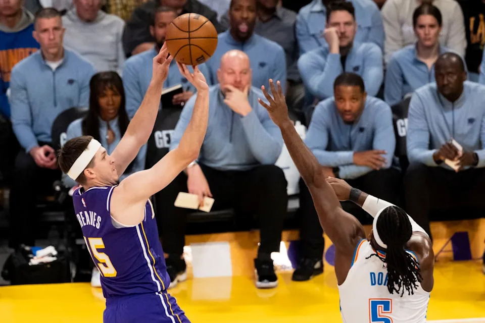 Austin Reaves #15 of the Los Angeles Lakers shoots the ball during an NBA basketball game against the Oklahoma City Thunder, Monday February 9, 2026 in Los Angeles, Calif.