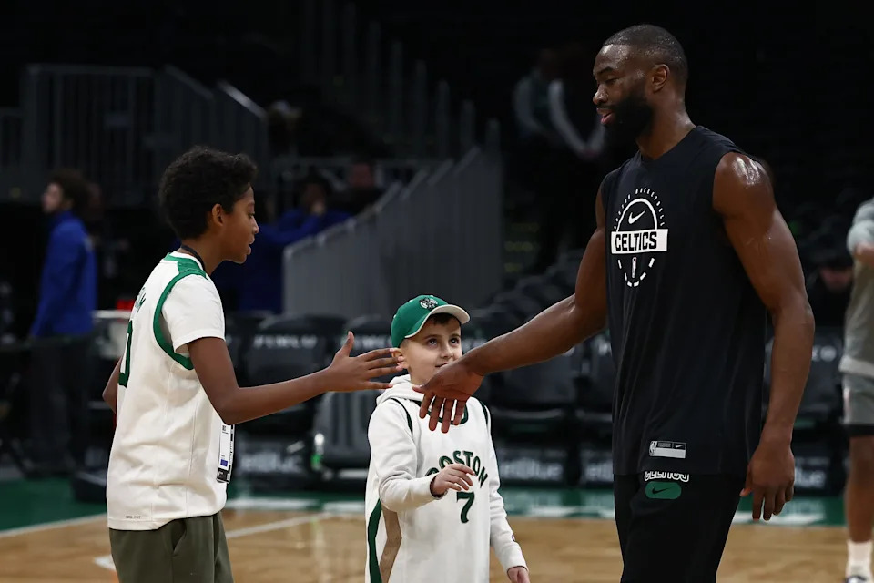 Feb 11, 2026; Boston, Massachusetts, USA; Boston Celtics guard Jaylen Brown (7) greets some young fans before their game against the Chicago Bulls at TD Garden. Mandatory Credit: Winslow Townson-Imagn Images