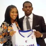 Los Angeles Clippers guard Chris Paul (right) and his wife Jada pose for a photo after today's press conference held at the team headquarters on Jul 10, 2013.