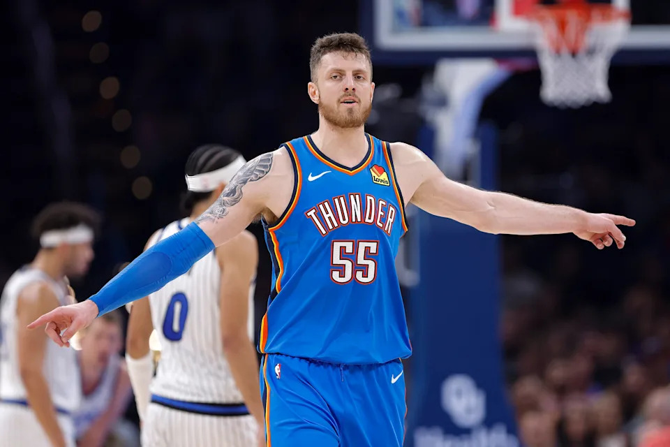 Feb 3, 2026; Oklahoma City, Oklahoma, USA; Oklahoma City Thunder center/forward Isaiah Hartenstein (55) gestures to his team after a play against the Orlando Magic during the second quarter at Paycom Center. Mandatory Credit: Alonzo Adams-Imagn Images