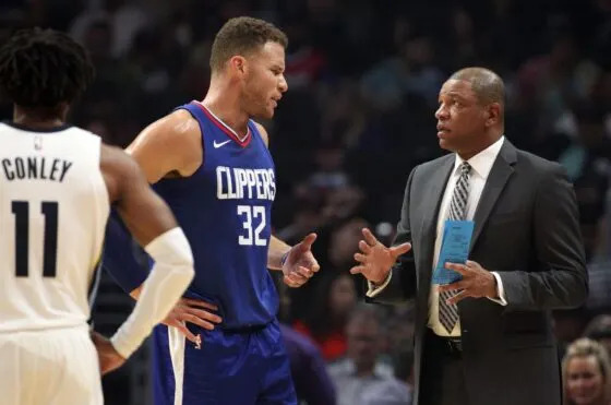 Los Angeles Clippers forward Blake Griffin (32) talks to a head coach Doc Rivers during the second half of an NBA game against the Memphis Grizzlies at Staples Center. The Grizzlies won 113-104 on Nov. 4, 2017.