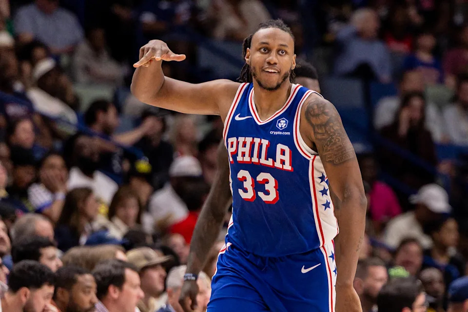 Feb 21, 2026; New Orleans, Louisiana, USA; Philadelphia 76ers forward Jabari Walker (33) reacts to making a three point basket against the New Orleans Pelicans during the second half at Smoothie King Center. Mandatory Credit: Stephen Lew-Imagn Images | Stephen Lew-Imagn Images