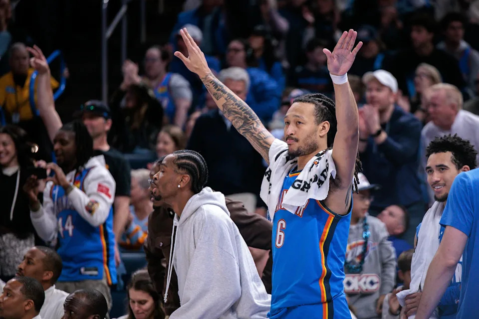 OKLAHOMA CITY, OKLAHOMA - FEBRUARY 22: Jaylin Williams #6 of the Oklahoma City Thunder reacts to game play from the bench during the second half against the Cleveland Cavaliers at Paycom Center on February 22, 2026 in Oklahoma City, Oklahoma. NOTE TO USER: User expressly acknowledges and agrees that, by downloading and or using this photograph, User is consenting to the terms and conditions of the Getty Images License Agreement. (Photo by William Purnell/Getty Images)