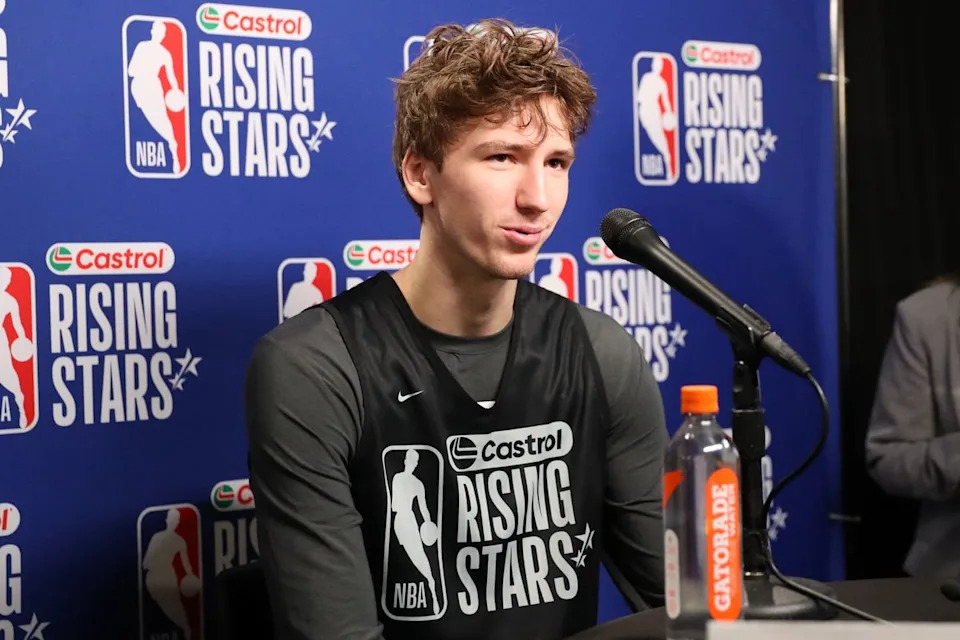 Chicago Bulls forward Matas Buzelis (14) talks to reporters during NBA Rising Stars Media Day on February 13, 2026 in Los Angeles, CA.