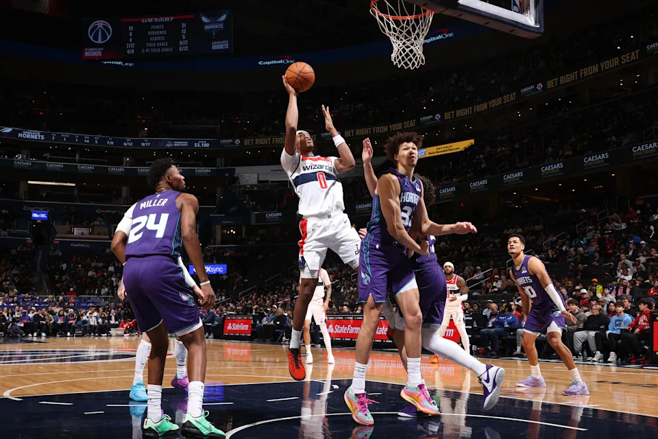 Wizards wing Bilal Coulibaly scored 15 points in the first quarter of the team’s loss to the Charlotte Hornets. | NBAE via Getty Images