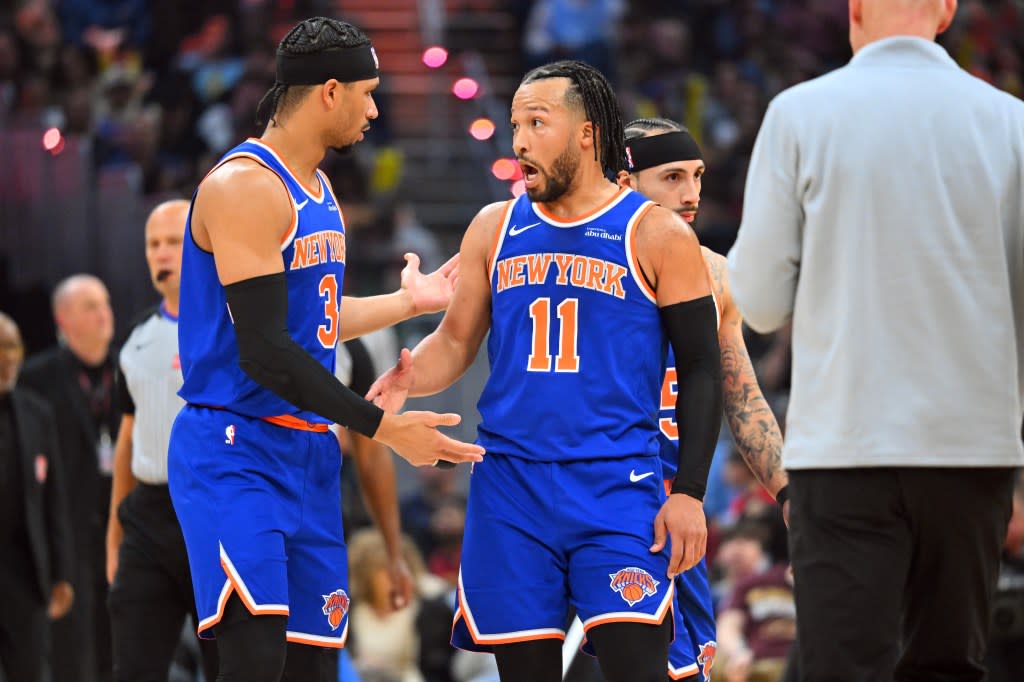 Josh Hart the Knicks talks with Jalen Brunson during the third quarter against the Cleveland Cavaliers at Rocket Arena on February 24, 2026 in Cleveland, Ohio. Getty Images
