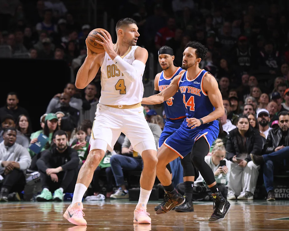 BOSTON, MA – FEBRUARY 8: Nikola Vucevic #4 of the Boston Celtics looks to pass the ball during the game against the New York Knicks on February 8, 2026 at TD Garden in Boston, Massachusetts. NOTE TO USER: User expressly acknowledges and agrees that, by downloading and/or using this Photograph, user is consenting to the terms and conditions of the Getty Images License Agreement. Mandatory Copyright Notice: Copyright 2026 NBAE (Photo by Brian Babineau/NBAE via Getty Images) | NBAE via Getty Images