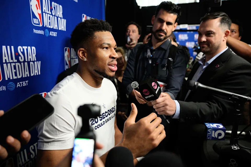Feb 14, 2026; Inglewood, California, USA; Giannis Antetokounmpo speaks during interviews at media day at Intuit Dome. Mandatory Credit: William Liang-Imagn Images