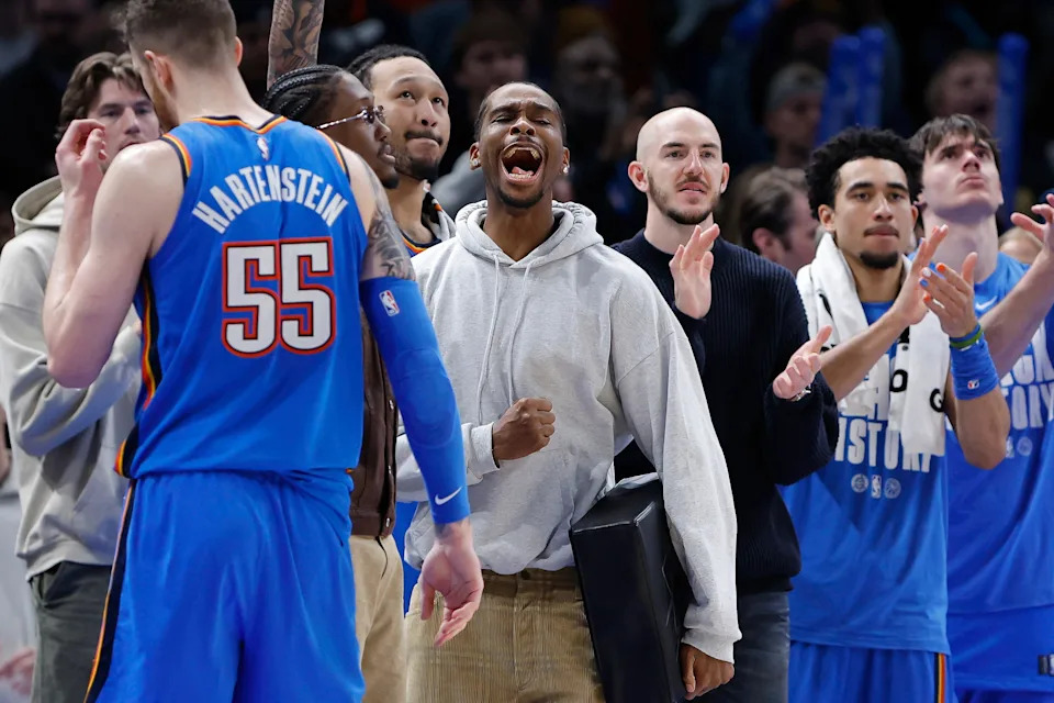 Feb 22, 2026; Oklahoma City, Oklahoma, USA; Oklahoma City Thunder guard Shai Gilgeous-Alexander (2) screams as he watches his team play against the Cleveland Cavaliers during the second half at Paycom Center. Mandatory Credit: Alonzo Adams-Imagn Images