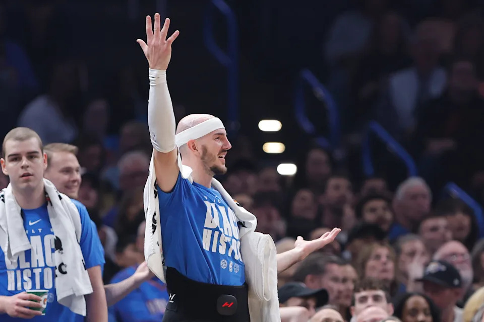 Feb 20, 2026; Oklahoma City, Oklahoma, USA; Oklahoma City Thunder guard Alex Caruso (9) reacts after a play against the Brooklyn Nets during the first half at Paycom Center. Mandatory Credit: Alonzo Adams-Imagn Images