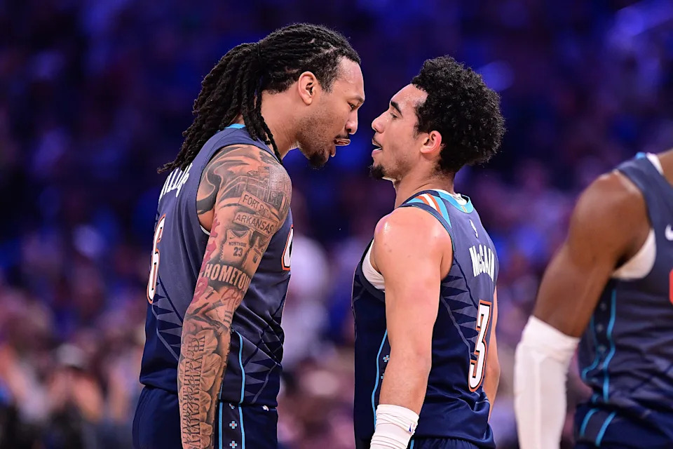 OKLAHOMA CITY, OKLAHOMA - FEBRUARY 27: Jaylin Williams #6 and Jared McCain #3 of the Oklahoma City Thunder celebrate during the first half against the Denver Nuggets at Paycom Center on February 27, 2026 in Oklahoma City, Oklahoma. NOTE TO USER: User expressly acknowledges and agrees that, by downloading and or using this photograph, User is consenting to the terms and conditions of the Getty Images License Agreement. (Photo by Joshua Gateley/Getty Images)