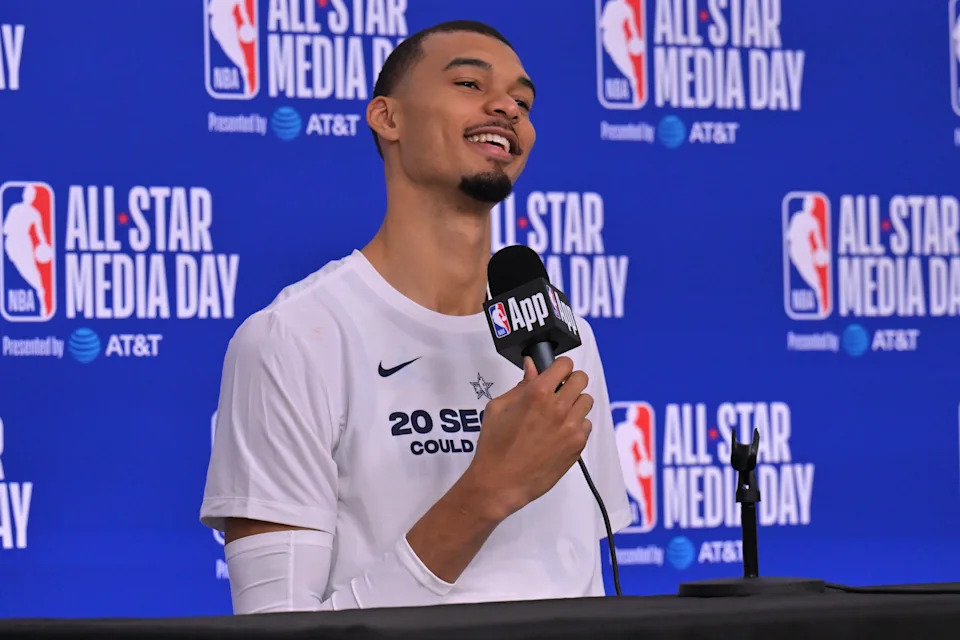 Feb 14, 2026; Los Angeles, CA, USA; Team World center Victor Wembanyama (1) of the San Antonio Spurs during a new conference for the NBA All Star game at Intuit Dome. Mandatory Credit: Jayne Kamin-Oncea-Imagn Images
