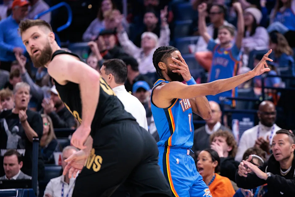 OKLAHOMA CITY, OKLAHOMA - FEBRUARY 22: Isaiah Joe #11 of the Oklahoma City Thunder signals to the bench after a three point shot during the second half against the Cleveland Cavaliers at Paycom Center on February 22, 2026 in Oklahoma City, Oklahoma. NOTE TO USER: User expressly acknowledges and agrees that, by downloading and or using this photograph, User is consenting to the terms and conditions of the Getty Images License Agreement. (Photo by William Purnell/Getty Images)