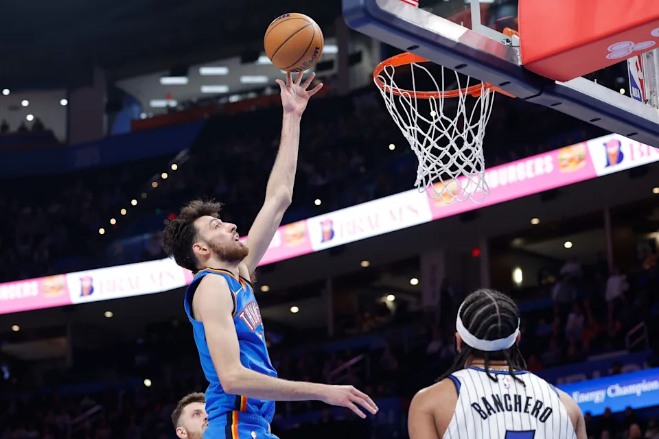 Feb 3, 2026; Oklahoma City, Oklahoma, USA; Oklahoma City Thunder center/forward Chet Holmgren (7) goes to the basket against the Orlando Magic during the second half at Paycom Center. Mandatory Credit: Alonzo Adams-Imagn Images